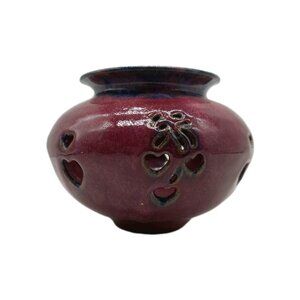 Pat Ross Pottery Candle Tea Light Vase Holder 4" Heart Cut Out Purple